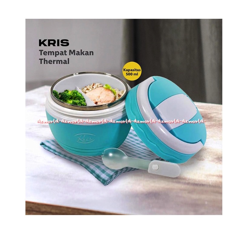 Kris Vakum Thermal 500ml Tempat Makanan Anti Tumpah Menjaga Suhu Kedap Udara Lunch Box Warna Biru Blue Krischef Lunchbox Model Tabung 1set Dengan Sendok Makan 500 ml