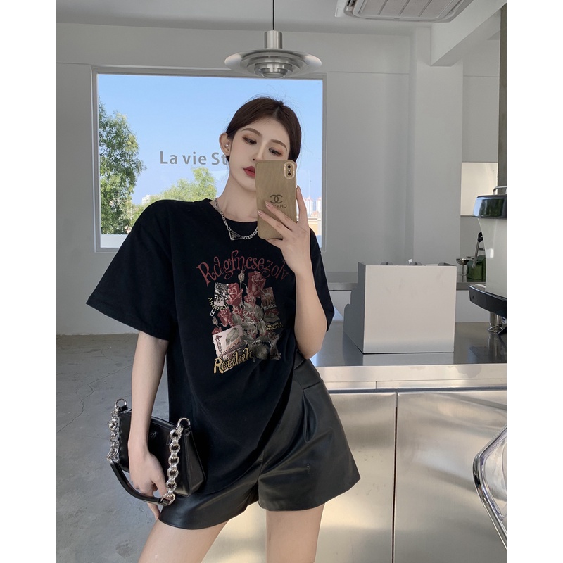 Kaos Couple Oversize Kekinian Vintage Letter Cartoon Pattern Printing Lengan Pendek T-shirt Baju Wanita Hitam