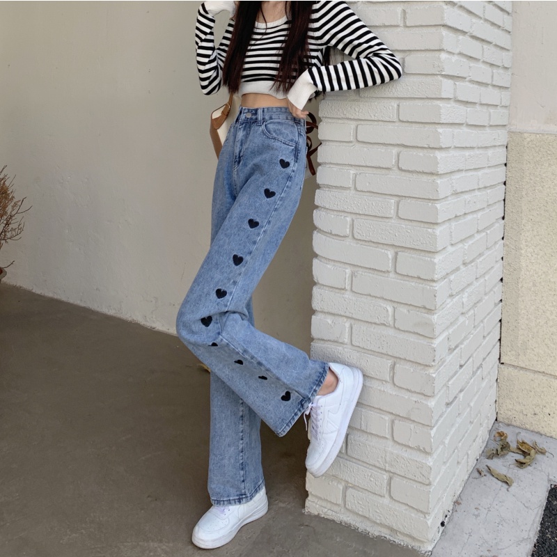 korea style Boyfriend Jeans highwaist loose celana kaki lebar lurus heart embroidery jeans wanita celana jeans