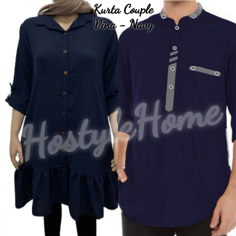 VINA  - Bisa COD Baju TUNIK KURTA Couple Lengan 3/4 Koko Pria Wanita Muslim Bahan Crinkle Katun Acar