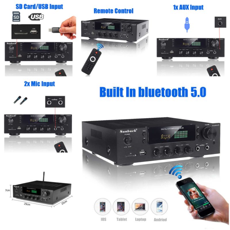 Sunbuck Audio Bluetooth 4.1 DAC Home Stereo Amplifier 5 Channel with Remote 2000W - AV-298BT - Black