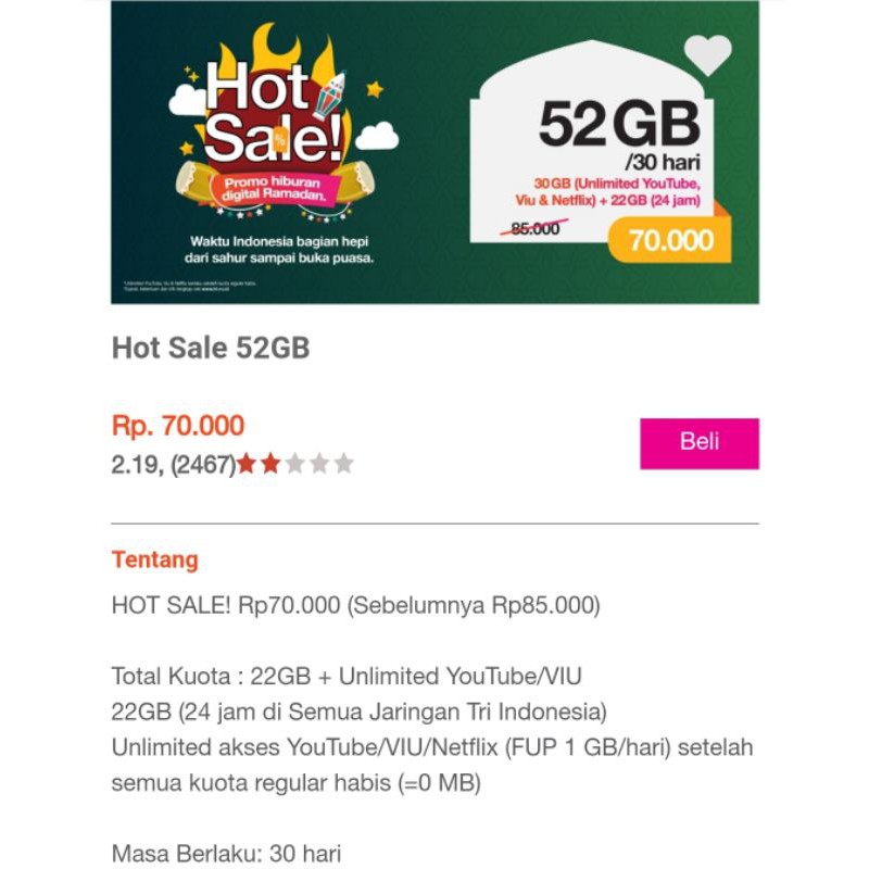 Paket Kuota Internet Tri 3 Three Unlimited 6gb 10gb 16gb 30hr Shopee Indonesia