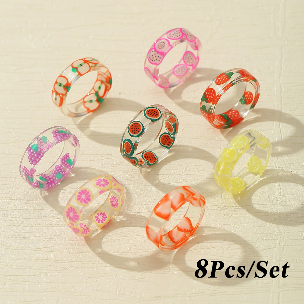 AY(CN) Set Cincin Berlian Resin Bentuk Buah Warna-Warni Gaya Korea Untuk Wanita