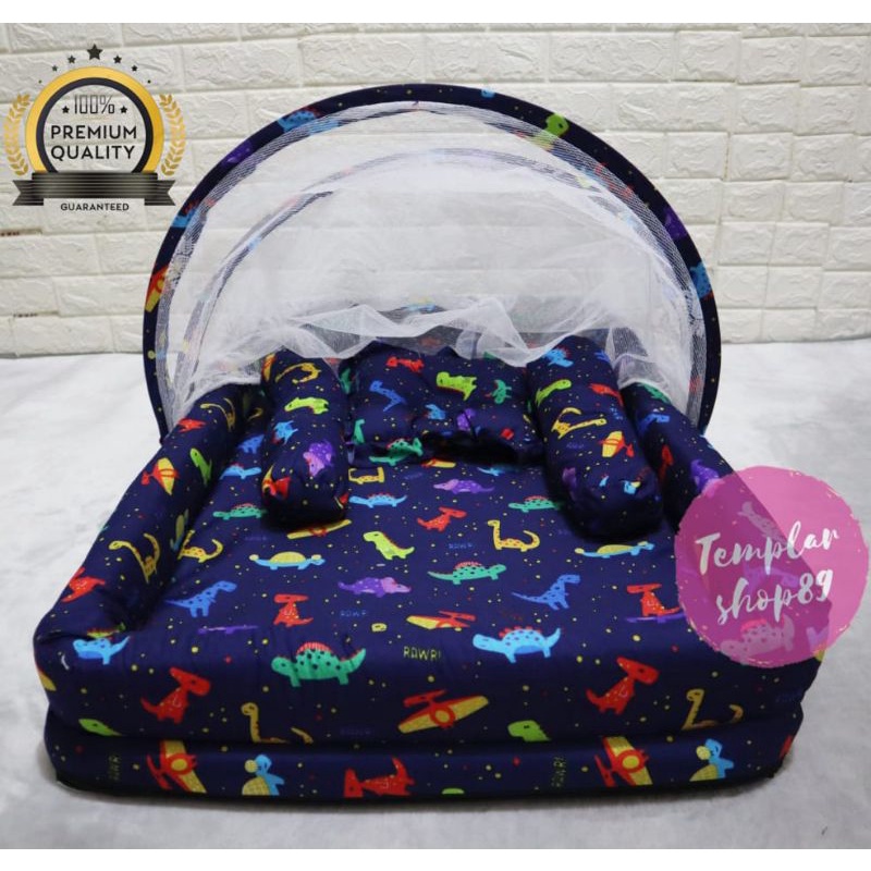 New Normal Kasur Kelambu Bayi Set Bantal Guling PREMIUM / Kasur Lipat Kelambu Bayi / Kasur Kelambu-dino navy kolam
