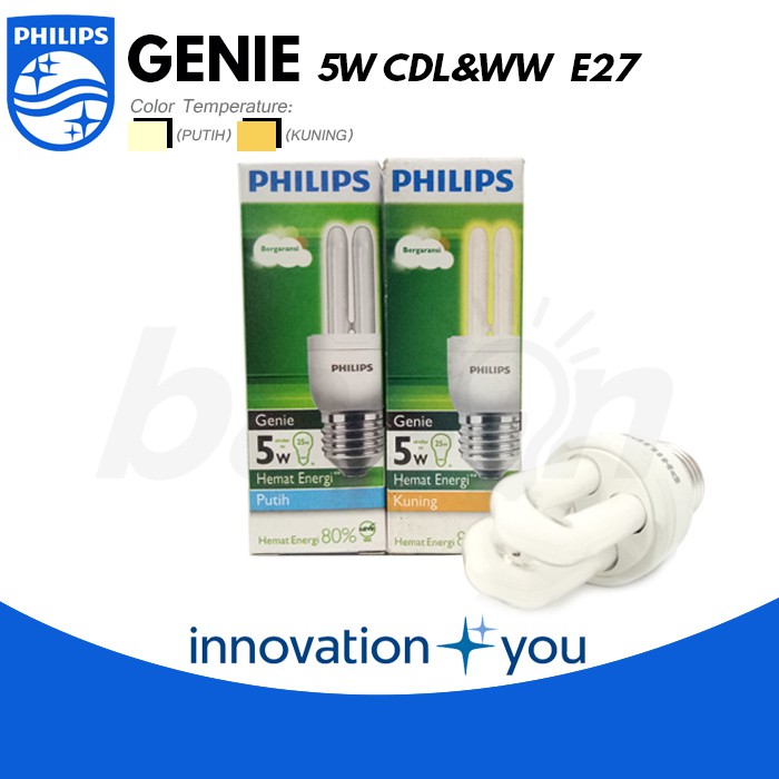 PHILIPS Essential Genie 5W E27 - Lampu Hemat Energi - Cahaya Kuning atau Putih