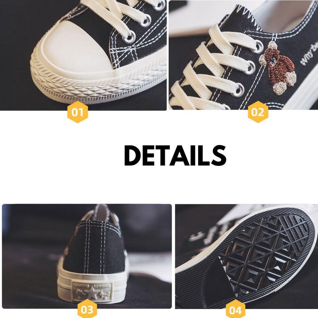 SEPATU SNEAKERS WANITA BERUANG BEAR KANVAS HITAM PUTIH IMPORT SIMPLE LUCU D09