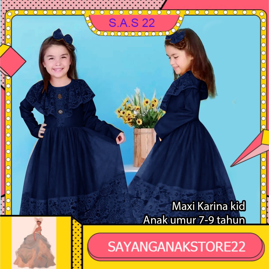 Gamis Muslim Anak Perempuan Tanggung Kids MAXI KARINA KID Bahan Brokat Gliter Tile Usia 7-9 Tahun