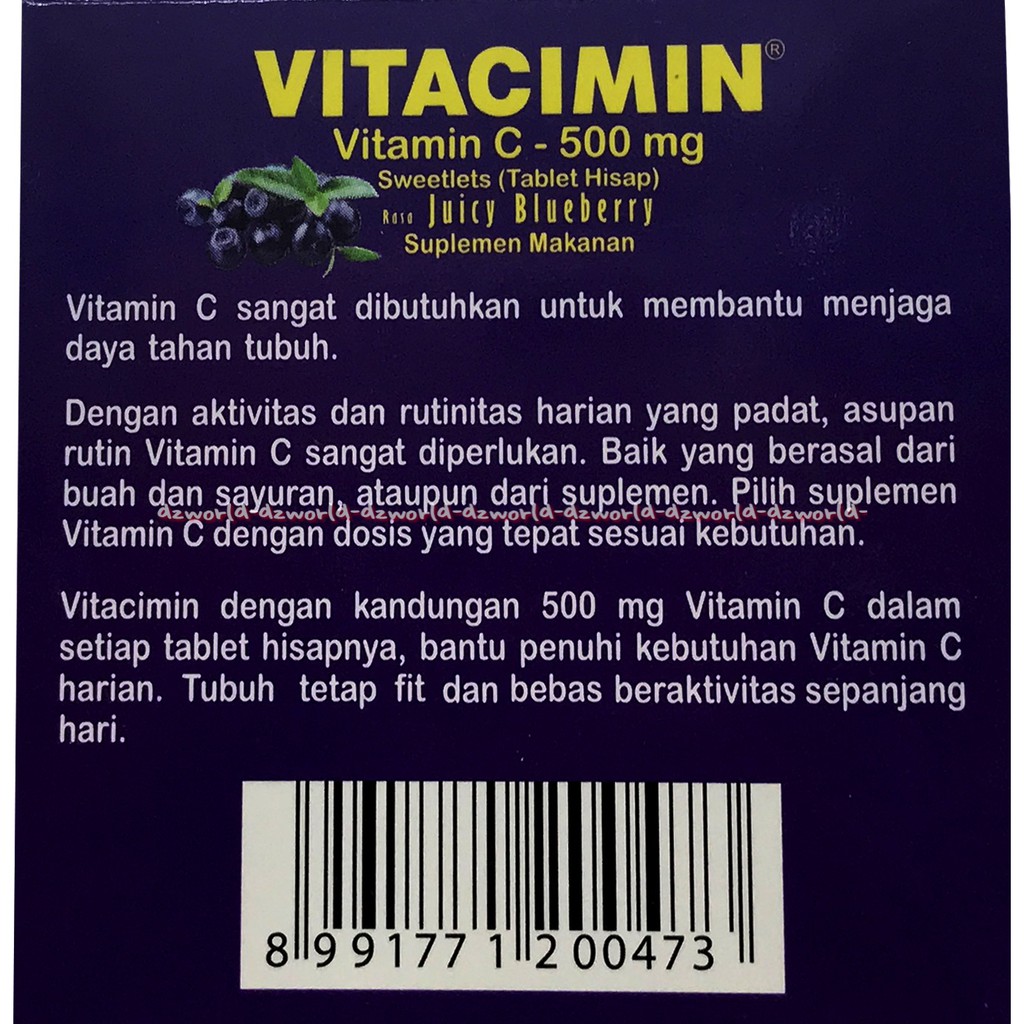 Vitacimin Vitamin C 500mg Vitamin Suplemen Hisap Blueberry Juicy Buah 20Tablet