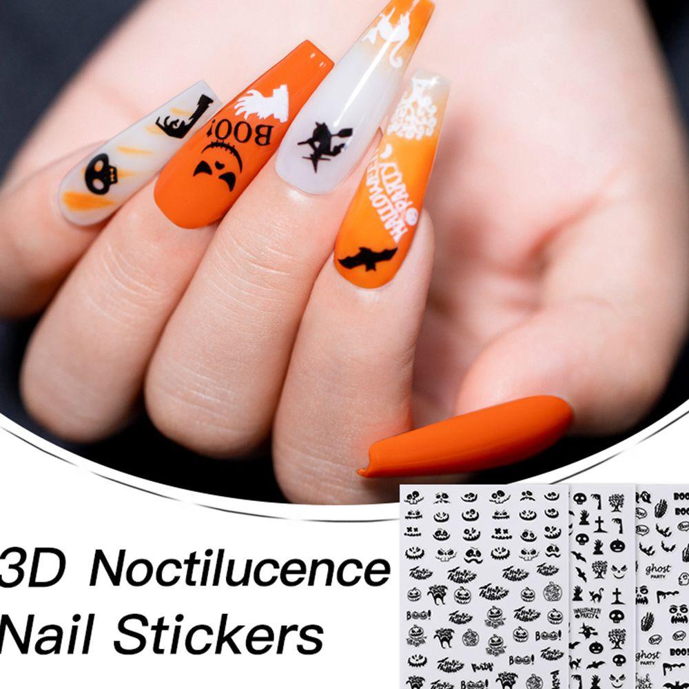 AUGUSTINA Agustinina Halloween Kuku Stiker Musim Dingin Kelelawar Hantu Putih &amp; Hitam Pesta Halloween Glow in the Dark Neon Nail Decals