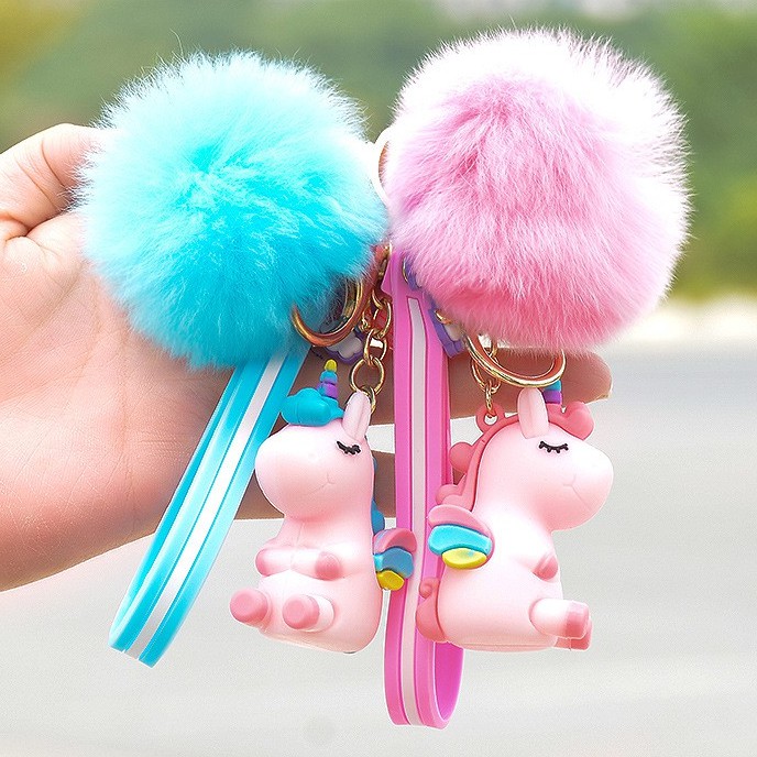 Ganci pom pom bulu unicorn gantungan kunci karakter unicorn anak Lucu