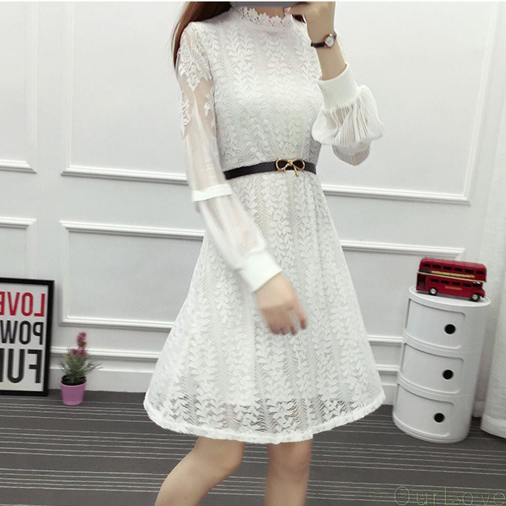 [ourlove] Dress Model A-Line Round Neck Lengan Lentera Bahan Lace Hollow Gaya Korea untuk Wanita