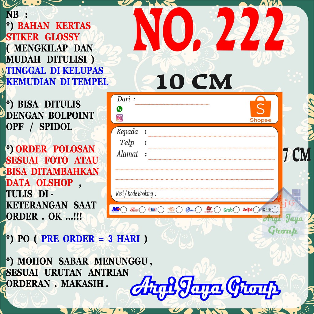 

Stiker Pengiriman - Sticker Alamat Olshop Murah Nomer 222 - 10x7 cm - Glossy