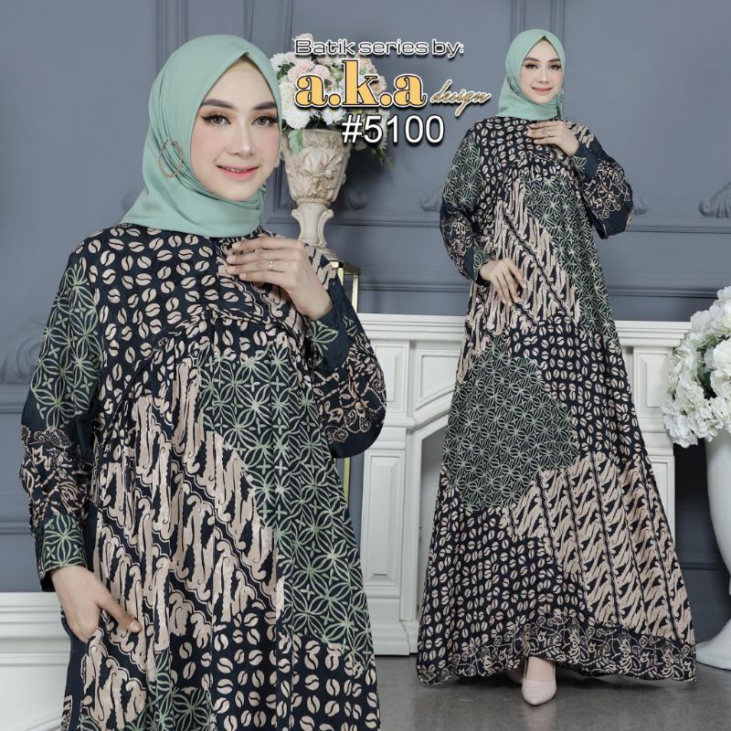 [5100]Gamis Batik Semi Sutra Resleting Depan Tangan Kancing // Kode AKA