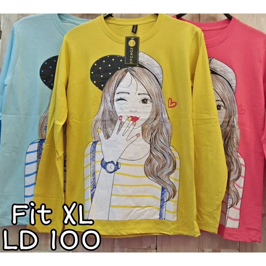 Kaos Wanita Fit XL LD 100 cm Lengan Panjang Baju Perempuan Distro Jumbo Oversize Bigsize Pakaian Tsh