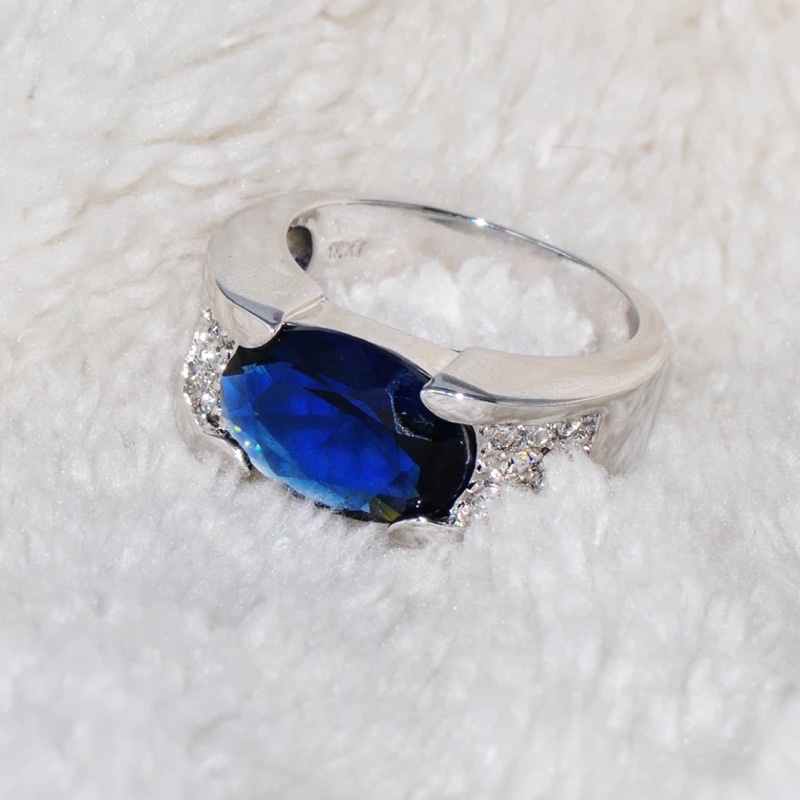 Cincin Batu Permata Blue Saphire Cubic Zirconia Safir Biru Royal Ring Perak Elegan Mewah Minimalis