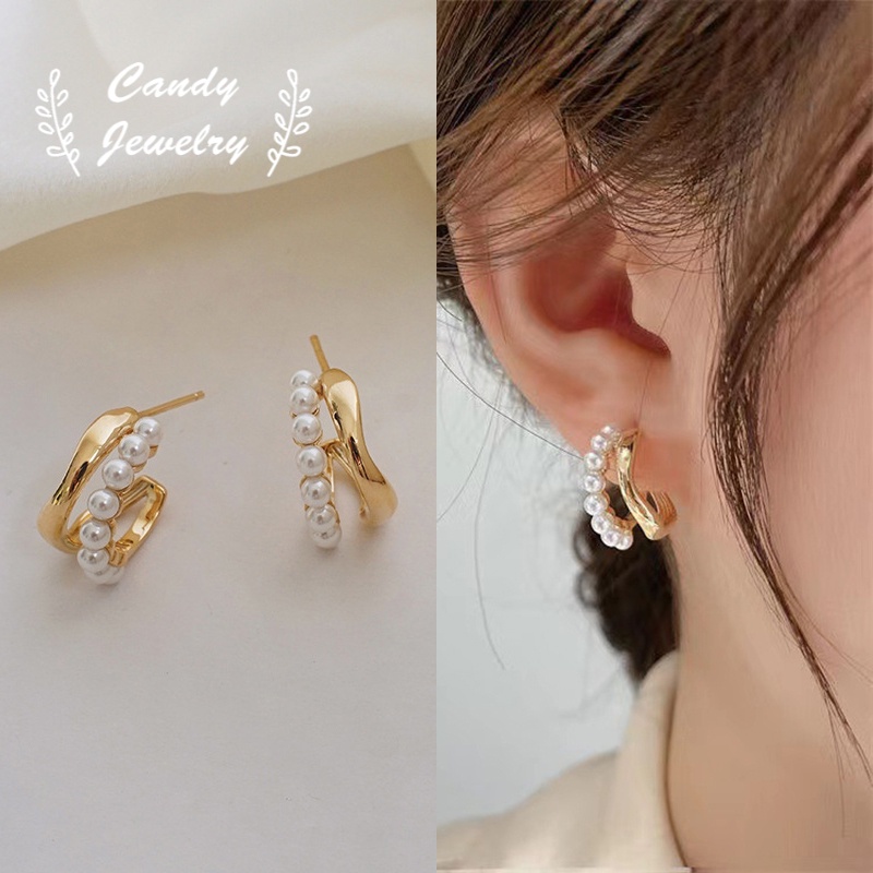 Anting Stud Bentuk Setengah Lingkaran Aksen Mutiara Berlian Imitasi Warna Permen Gaya Korea