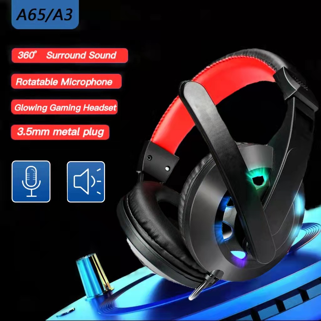 A3/A65 Gamer Stereo Earphone Komputer Bass Headphone Peredam Bising Dengan Mic/Lampu LED RGB