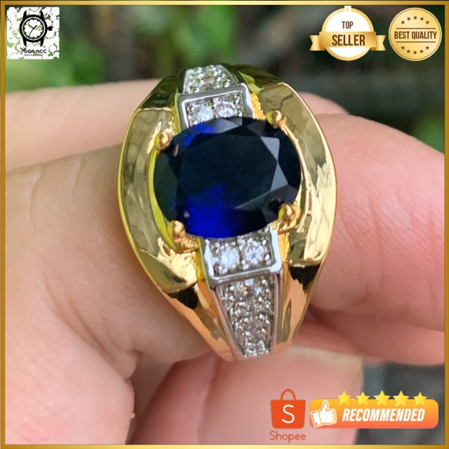 Cincin Batu Royal Blue Safir Cutting Mewah Elegan Minimalis Gold Filled