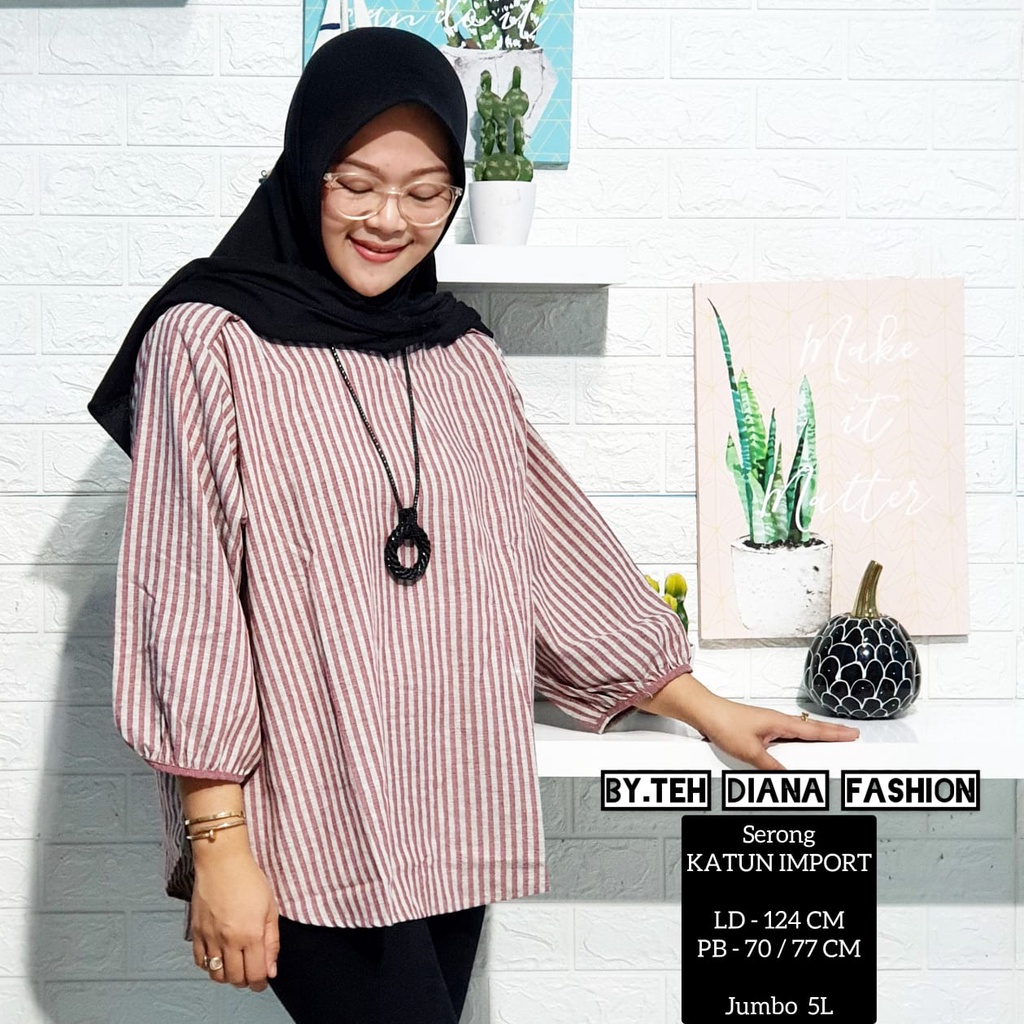 Atasan Wanita Jumbo / Blouse Wanita Jumbo / Baju Atasan Wanita Jumbo Serong Salur Import LD= 124 Cm-Pink Fanta salur