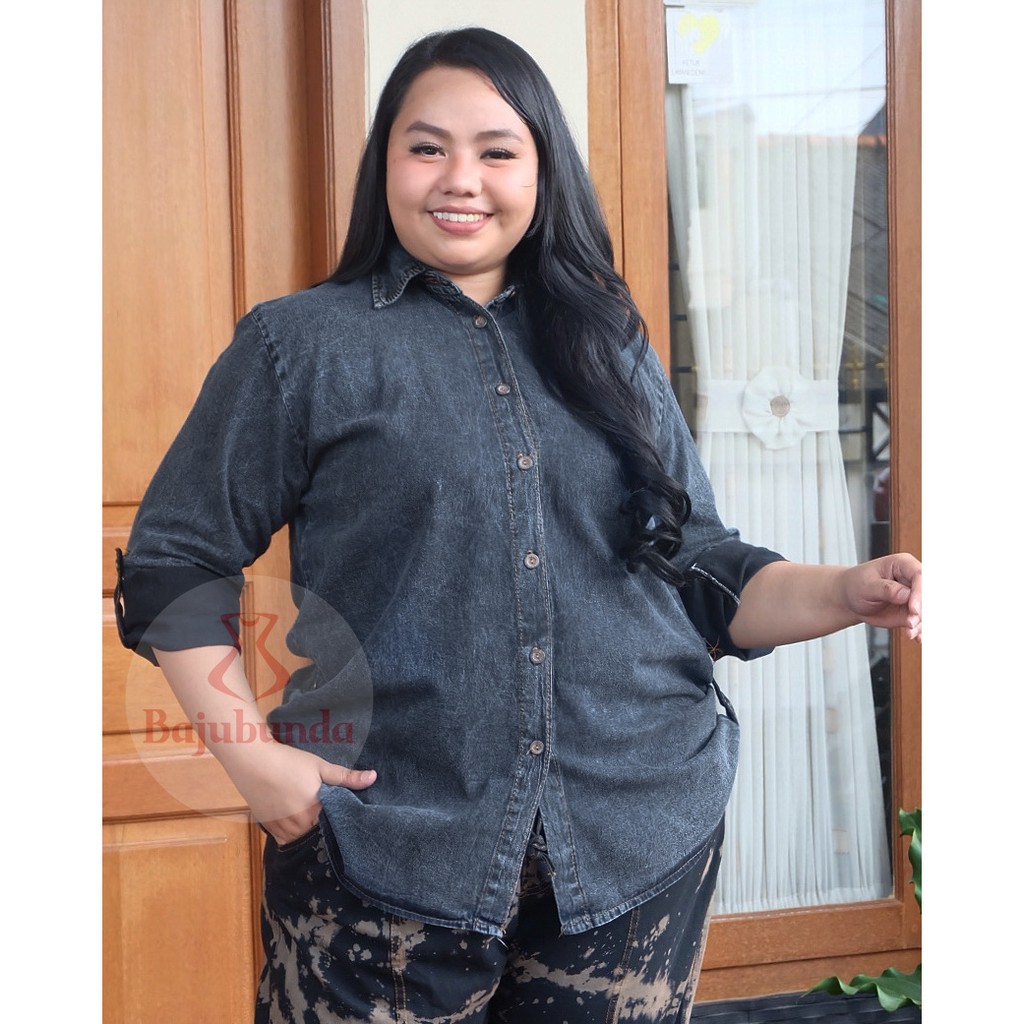 KEMEJA WANITA JUMBO BIG SIZE BAJU POLOS BLOUSE XXXL DENIM KEM JEANS-2