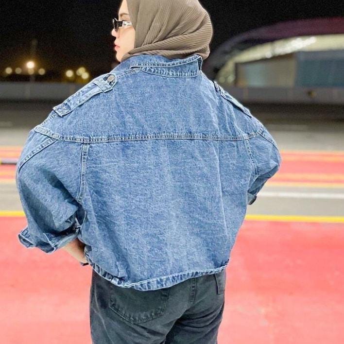 Jaket Jeans Oversize LD 110 - 150 // Jaket Jumbo Saku Wanita Sandwash Denim Premium