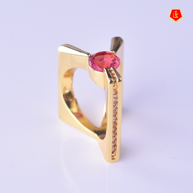 [Ready Stock]Creative Personality 18K Gold Inlaid Ruby Ring