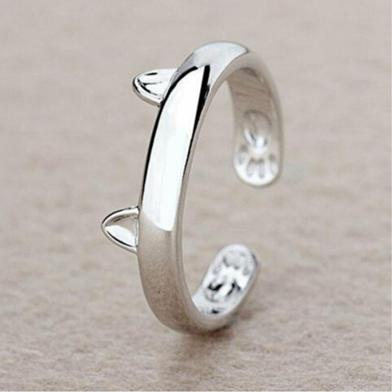 Perhiasan Cincin Lapis Silver Desain Telinga Kucing Lucu Adjustable Untuk Wanita