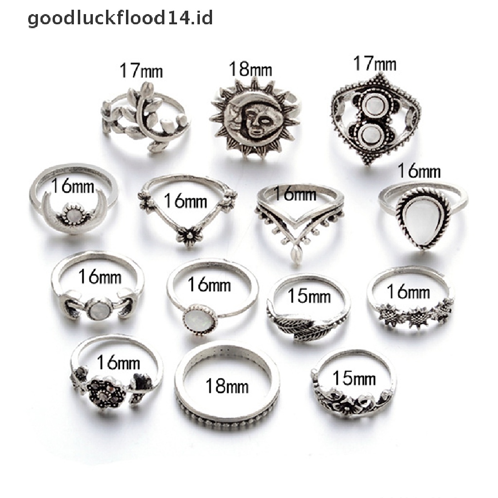 [OOID] 14Pcs/Set Boho Stack Crystal Flower Moon Sun Knuckle Ring Midi Finger Rings ID