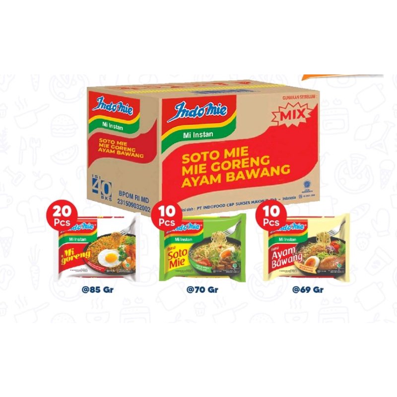 

Indomie Mie Instan Karton Mix - Mie Goreng, Soto, Ayam Bawang