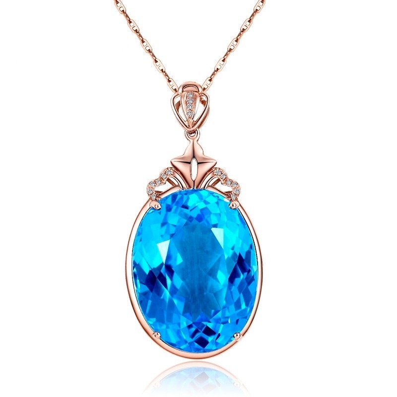 [Ready Stock]Fashion Inlaid Sea Blue Gemstone Pendant 18K Rose Gold Plated Necklace