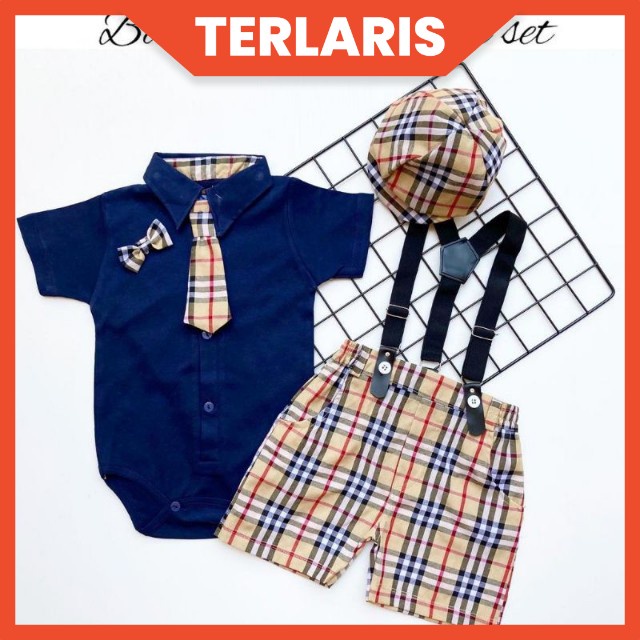 [3-18M] 6in1 Baju setelan jumper celana dasi pergi jalan lucu bestseller fashion anak bayi cowok murah / setelan jumper tuxedo 6in1 set jumper baby boy lucu / hampers baby cowok murah / setelan jumper bayi suspender topi dasi