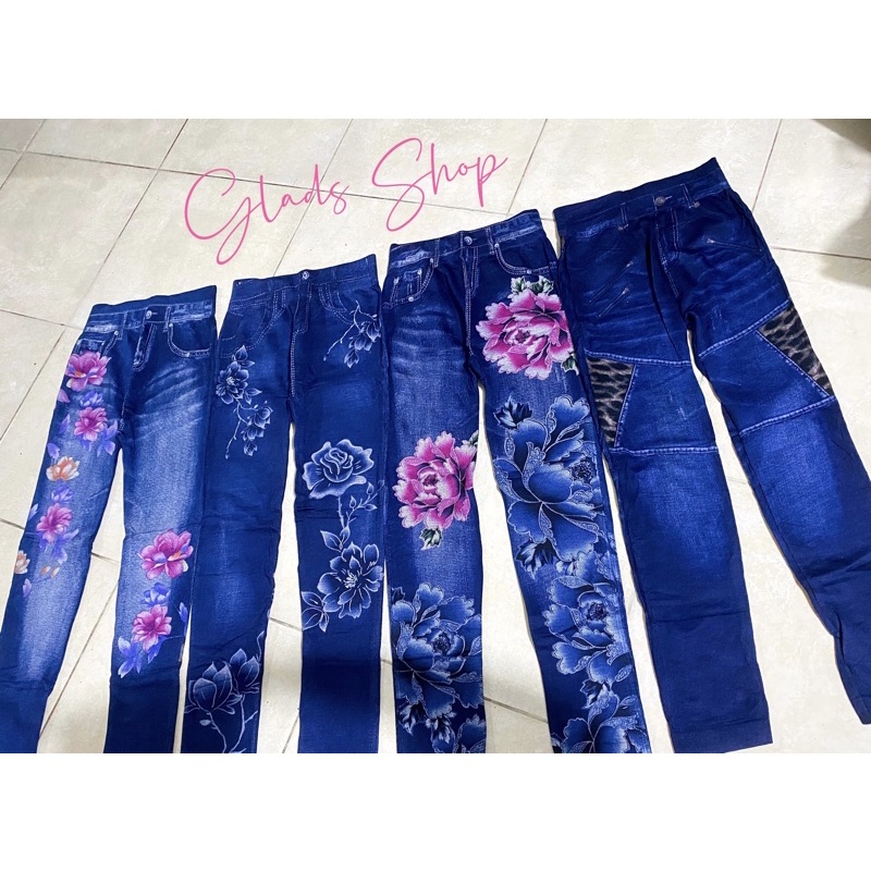 Legging Jeans Import • Motif Bunga Leopard bawahan Fashion Wanita