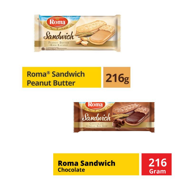 

ROMA SANDWICH KEMASAN 216 GRAM (COKELAT DAN PEANUT)