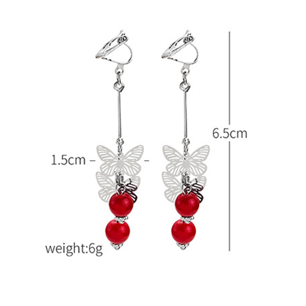 Anting Klip Tanpa Tindik Desain Kupu-Kupu Panjang Hias Mutiara Warna Merah Untuk Wanita