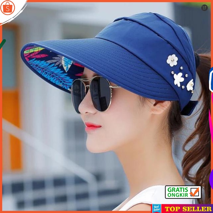 Topi Visor Pantai Wanita Dewasa Korea Kekinian Motif Bunga Navy Golf Cap Girl Fashion BEST K2