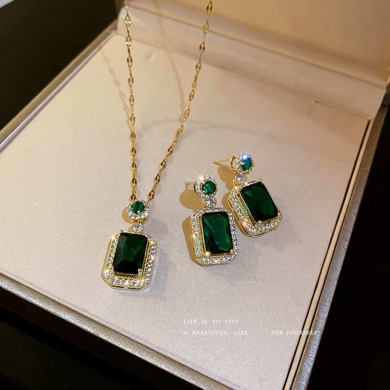 Kalung Emerald Kristal Geometris Anting Vintage Premium