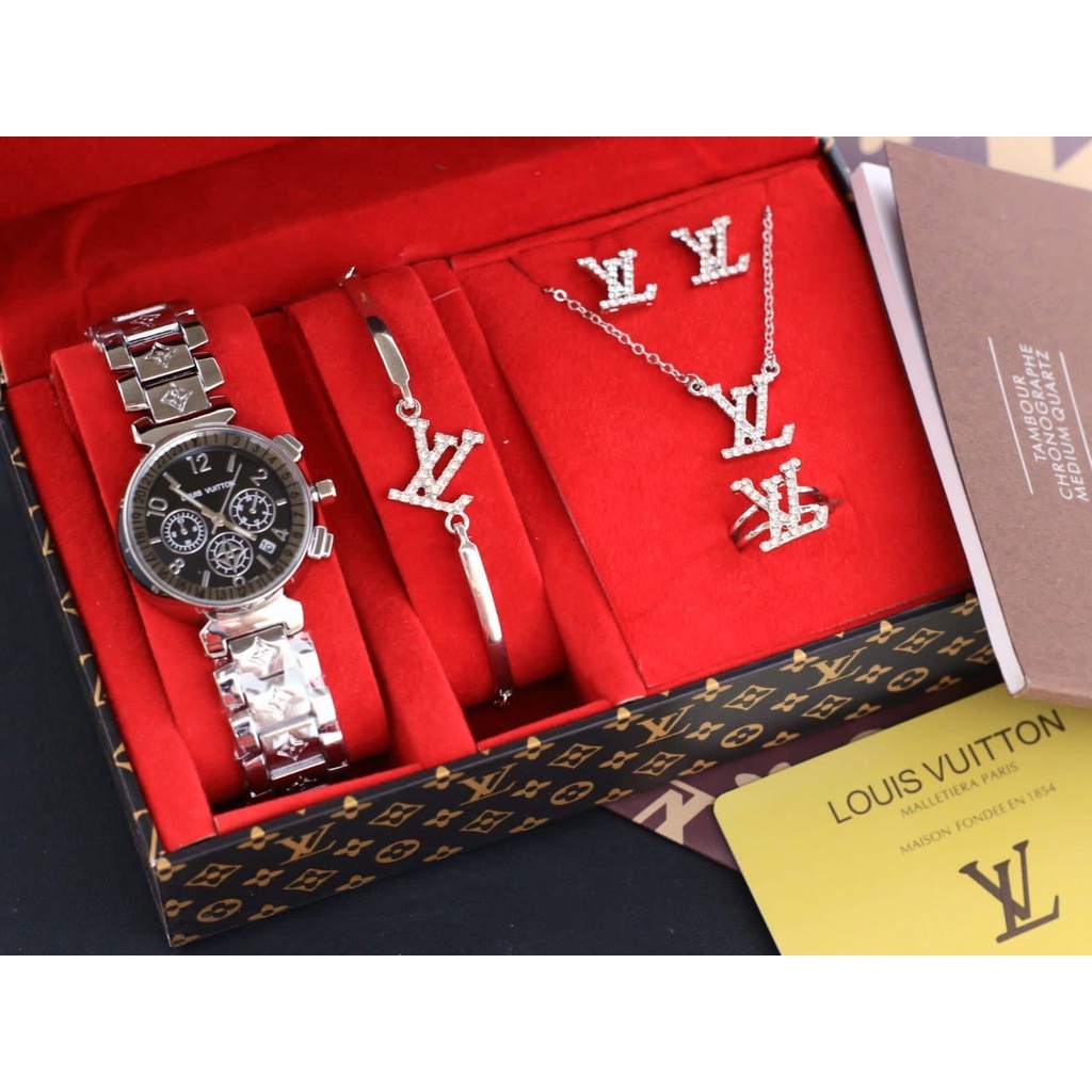 jam Tangan Wanita Satu Paket Full Set Free Box + Anting + Gelang + Cincin + Kalung dan Kartu Jam Tan