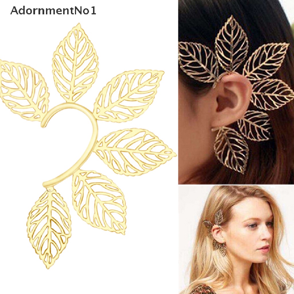 (AdornmentNo1) Anting Klip / Cuff Gaya Punk Motif Daun Aksen Hollow Untuk Perhiasan Wanita