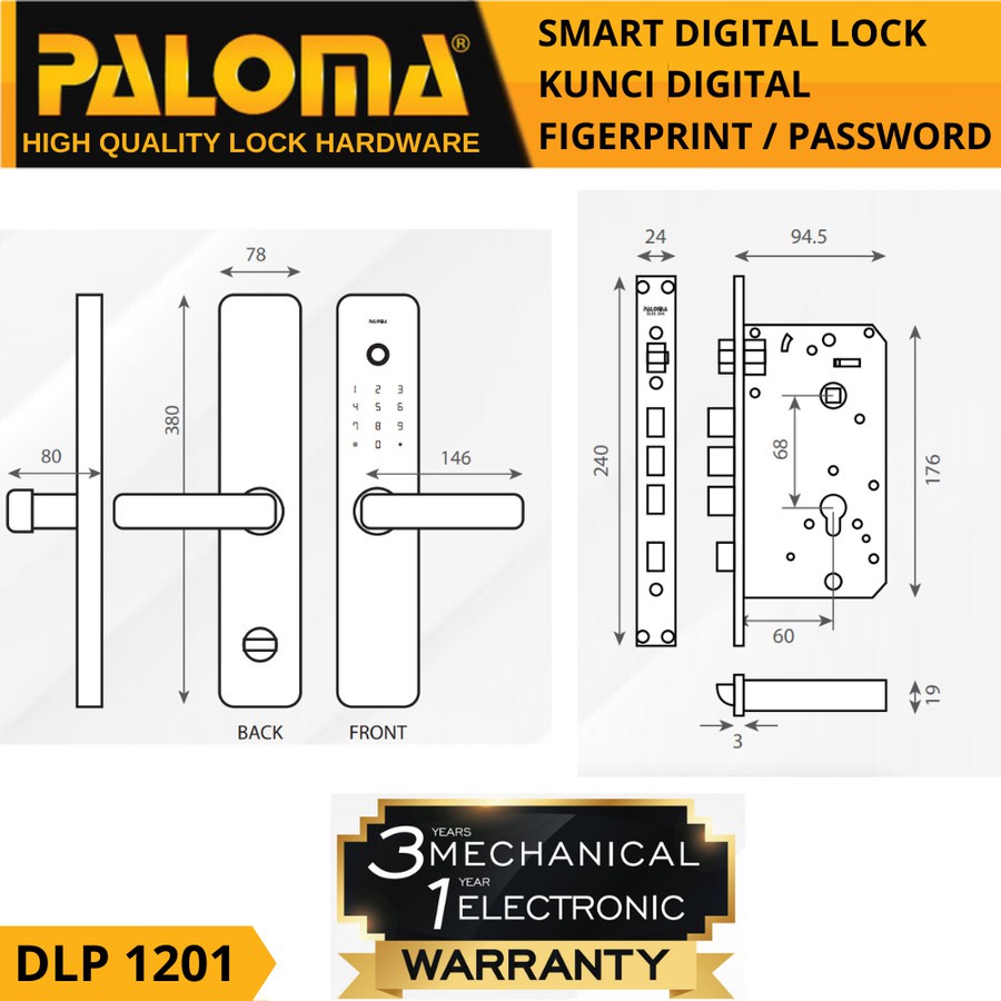 Smart Digital Lock PALOMA DLP 1201 Black FINGERPRINT PASSWORD KUNCI