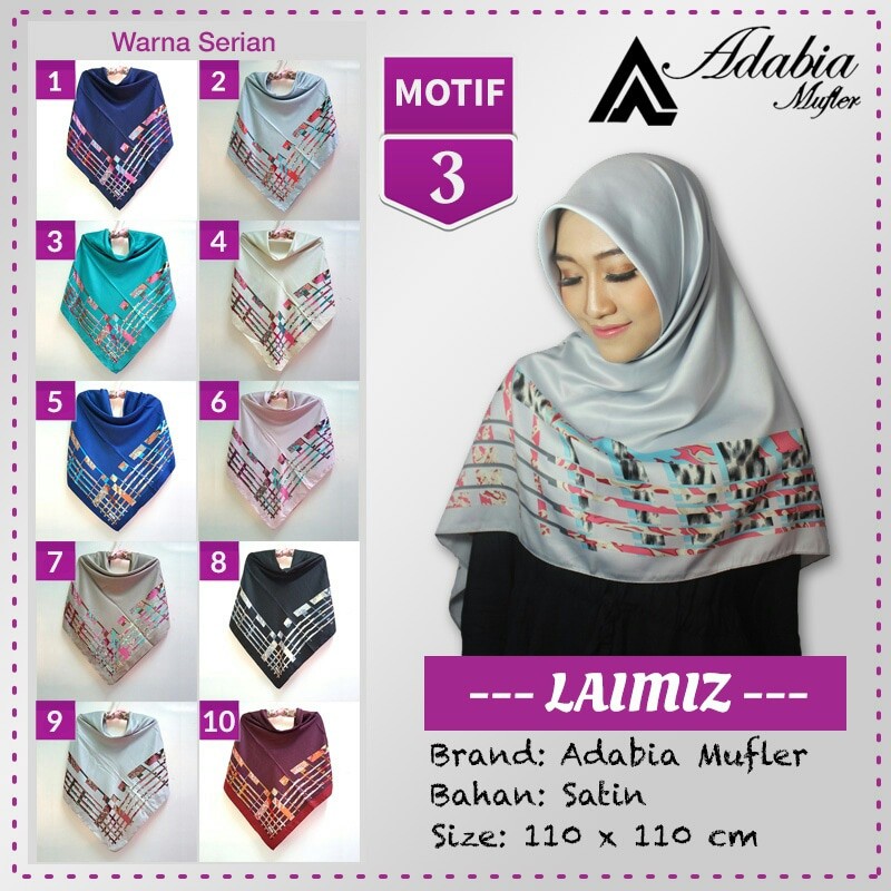 Jilbab Segiempat Satin Lamiz Laimiz Motif 3 By Adabia Hijab Scraf