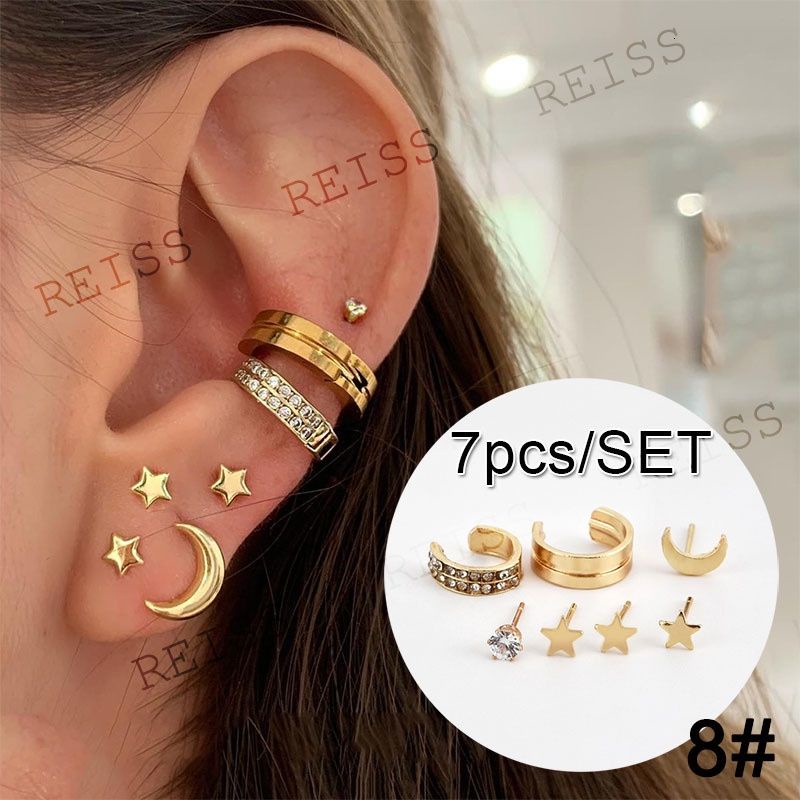 7 Buah/Set  Anting Fashion Crystal Star Moon Earrings Populer  Anting Tindik Studs