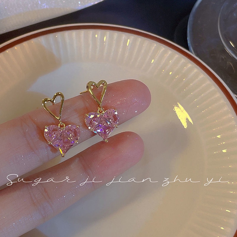 Kalung Rantai Liontin Hati Bahan Alloy Hias Kristal Zircon Warna Pink Untuk Wanita