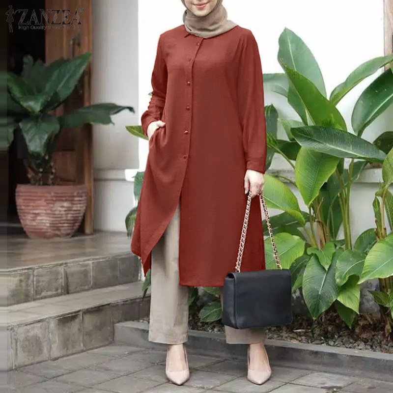 ZANZEA Women Long Sleeve Lapel Button Up Solid Muslim Loose Blouse