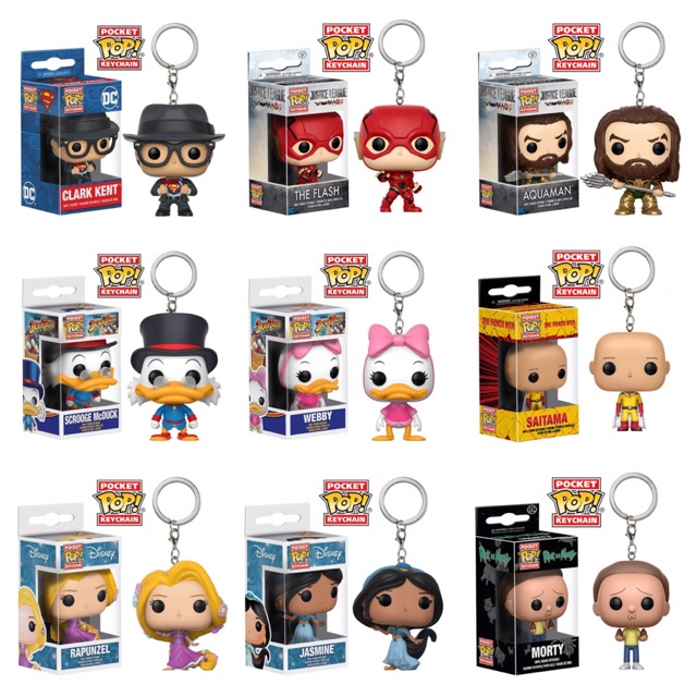 Funko POP Keychain (Clark Kent, Flash, Aquaman, Scrooge McDuck, Webby, Saitama, Rapunzel, Jasmine)