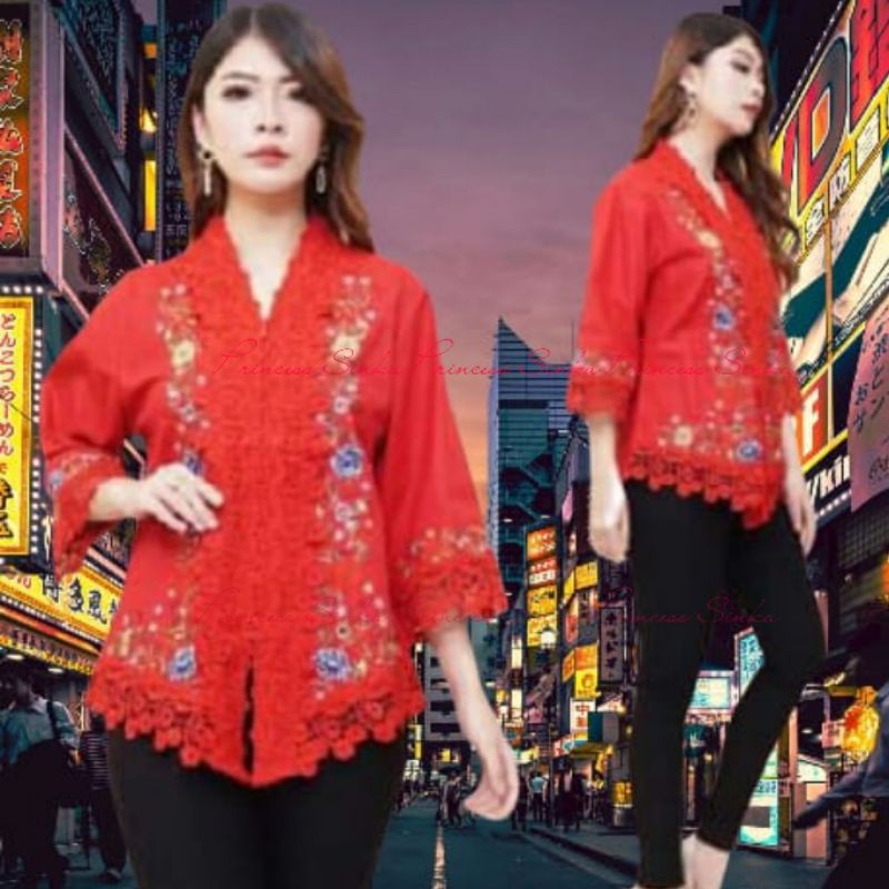 Kebaya Encim Bordir Modern Katun Aplikasi Brukat Premium Import