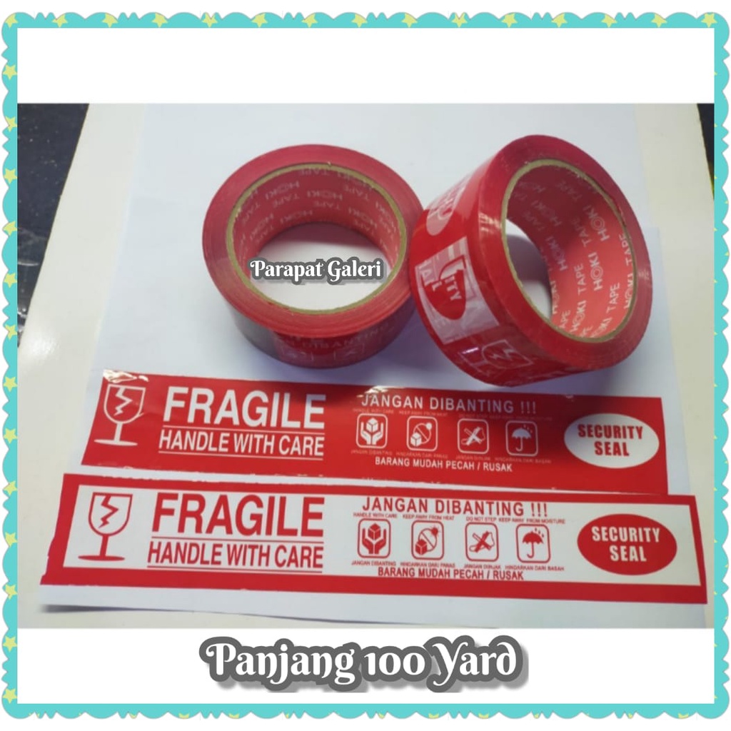 Lakban Fragile 48mm x 100 yard Merk HOKI TAPE— 4 in 1 / Lakban Jangan dibanting Panjang 100 Yard