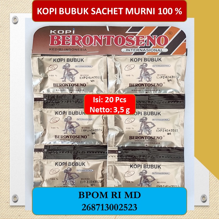 

Kopi Hitam Bubuk Berontoseno Sachet Gantung 3,5 gram isi 20 Pcs Asli Kediri Murni 100%