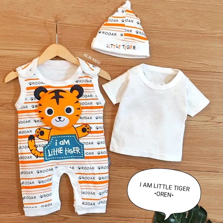 Jumper Bayi Laki-Laki 0-6 Bulan / Baju Anak Bahan Kaos Free Inner Dan Topi Motif I Am Little Tiger