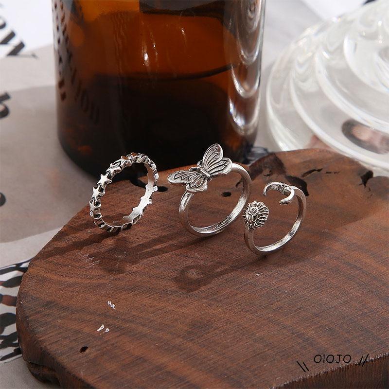 【COD】3pcs / Set Cincin Model Terbuka Desain Matahari + Kupu-Kupu Gaya Retro Kreatif Untuk Wanita