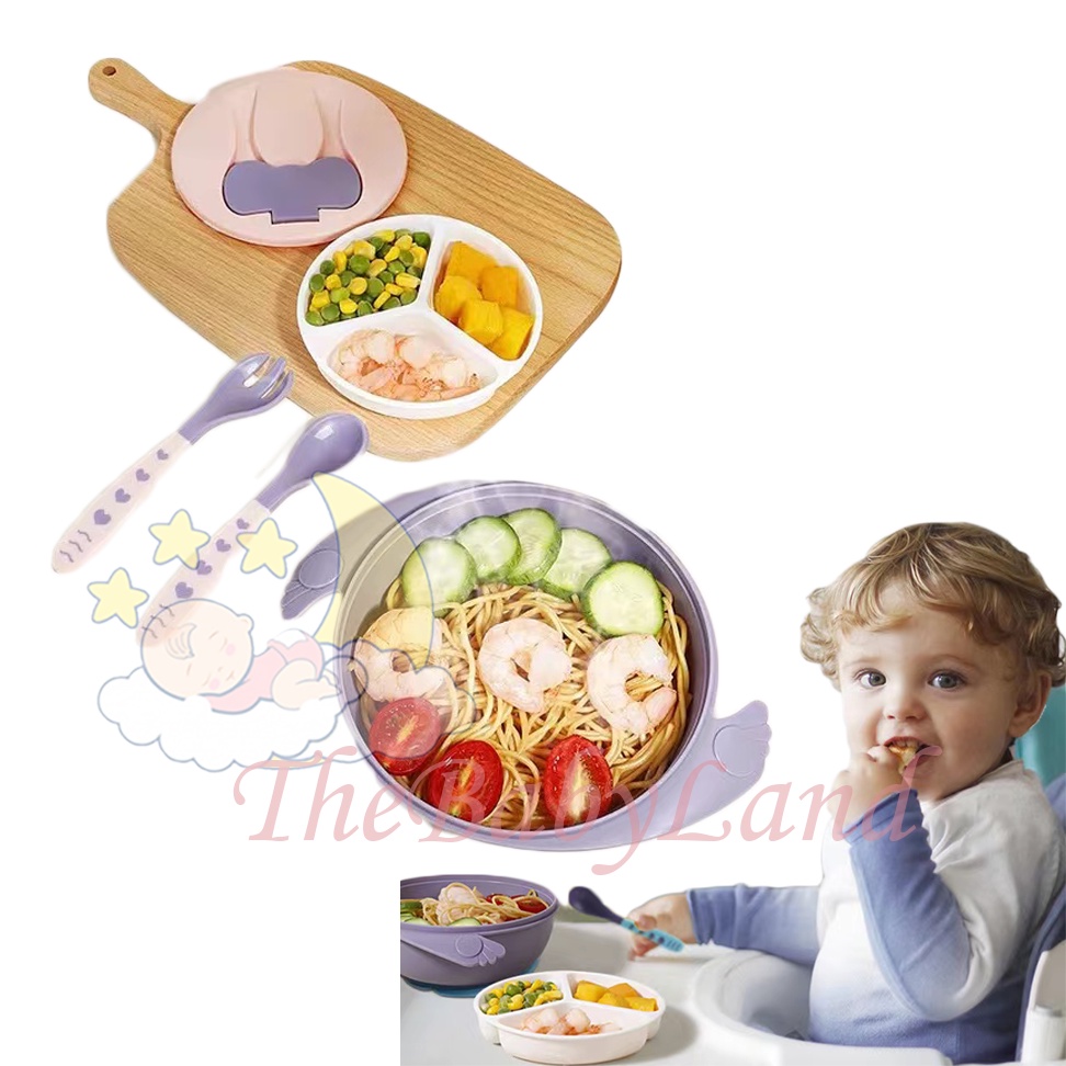 [1KG 6PC] Babyland Mangkok Double Layer Bowl Anti Slip Silikon Set 2 layer Sendok Garpu Tempat Makan Anak